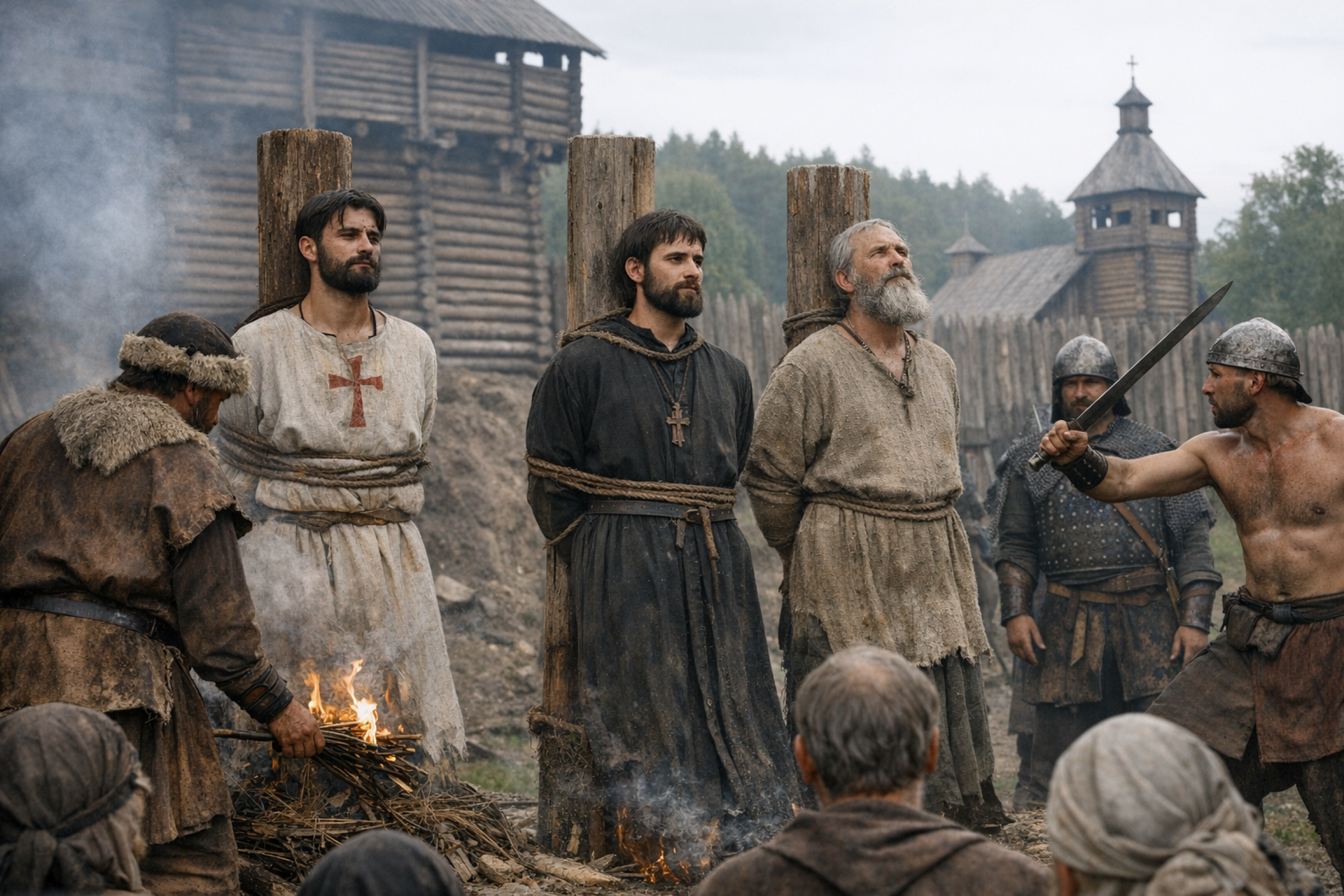 Фотореалистичное изображение, Страдание святых мучеников литовских Антония, Иоанна и Евстафия, православный календарь, 2026-04-27, martyrdom