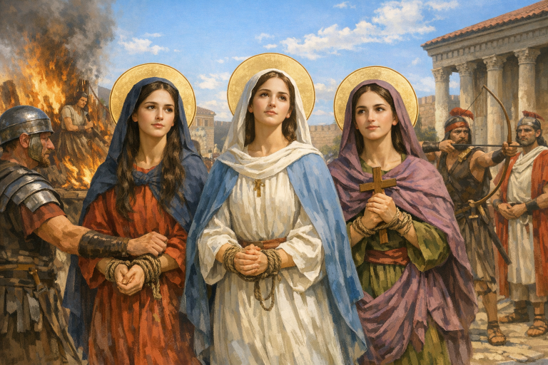 Фотореалистичное изображение, Страдание святых мучениц Агапии, Хионии и Ирины, православный календарь, 2026-04-29, martyrdom