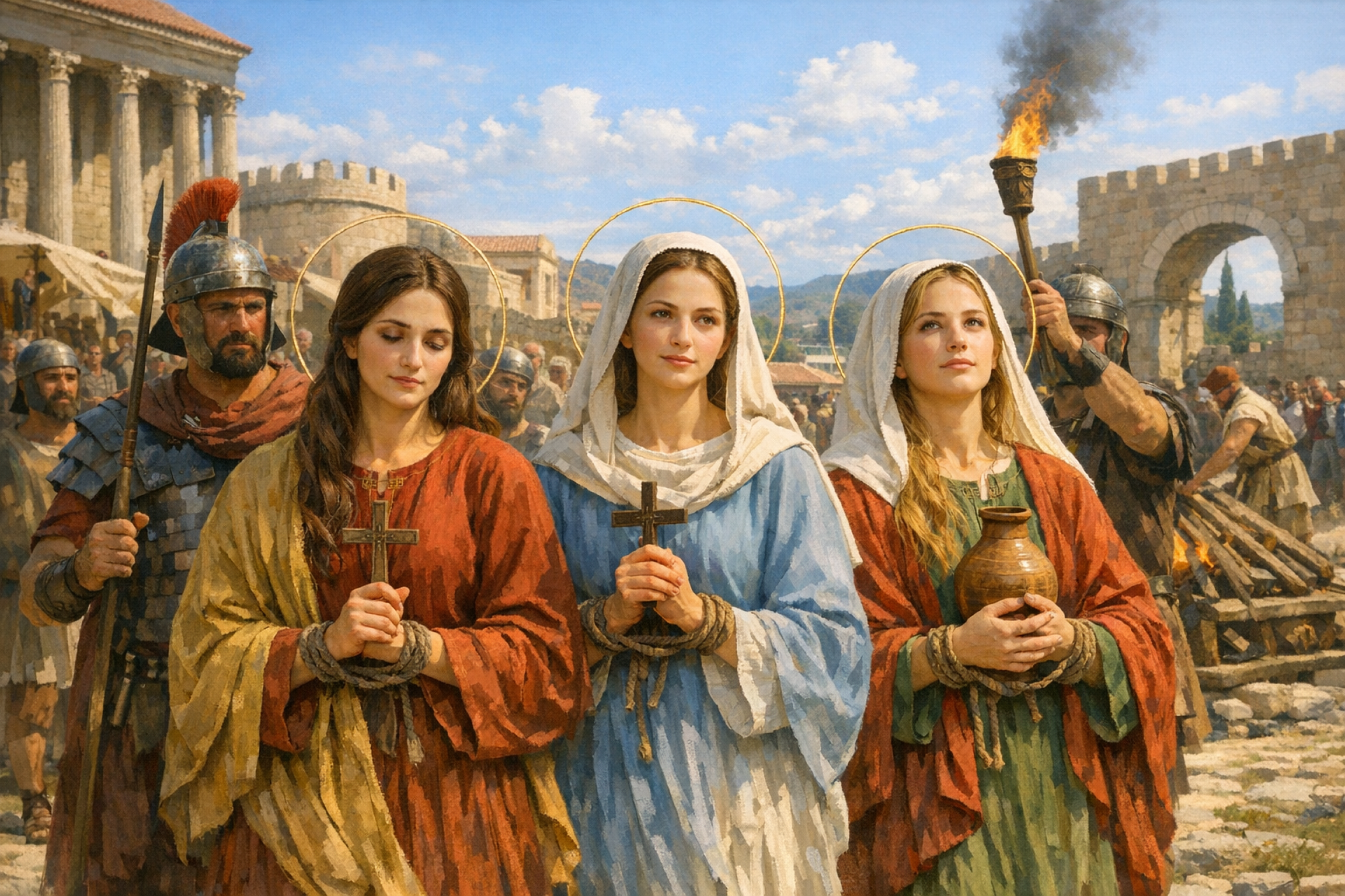 Фотореалистичное изображение, Страдание святых мучениц Агапии, Хионии и Ирины, православный календарь, 2026-04-29, martyrdom