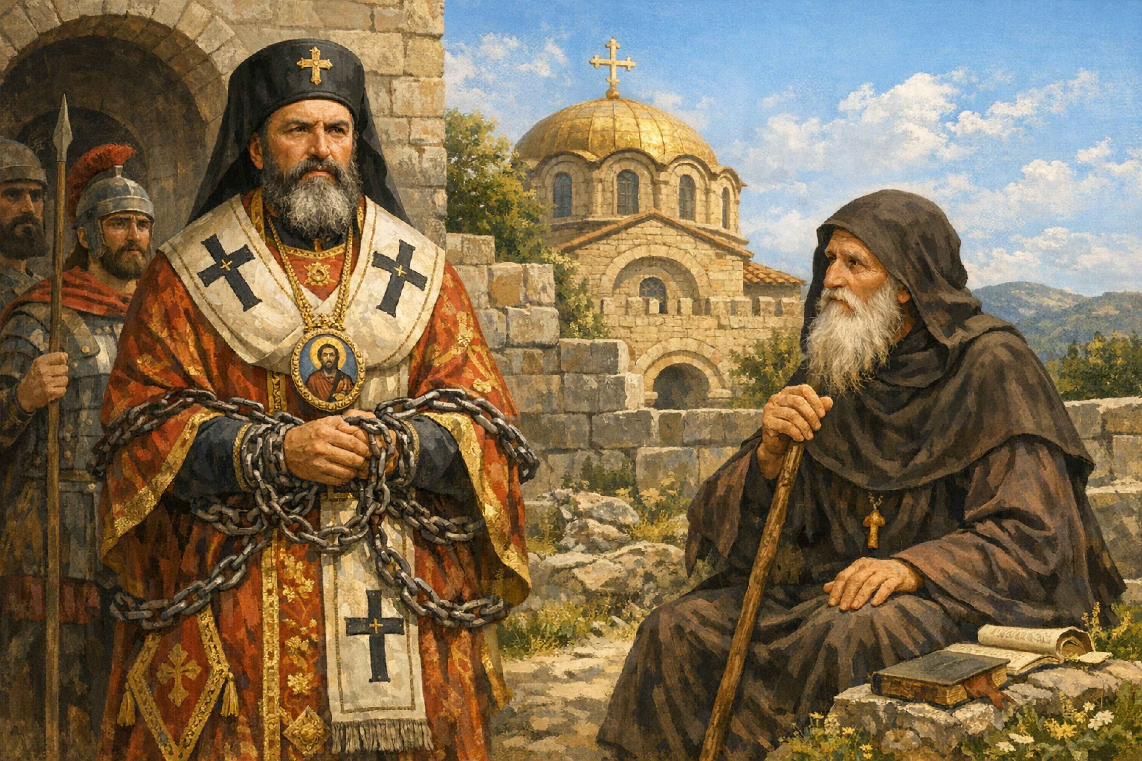 Фотореалистичное изображение, Память святого отца нашего Космы Исповедника, епископа Халкидонского, и преподобного Авксентия, православный календарь, 2026-05-01, commemoration