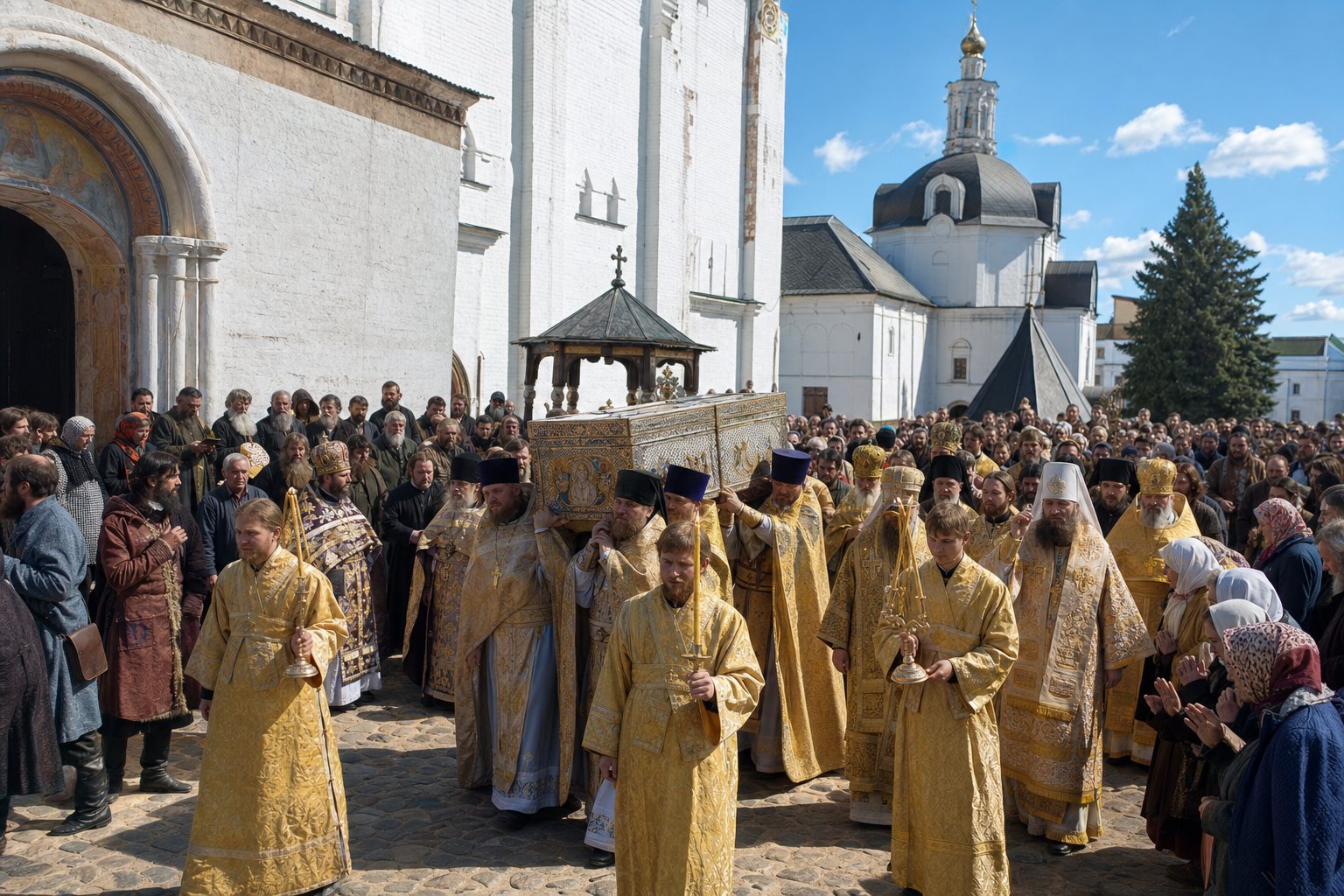 Imagem fotorrealista, Obtenção e transferência de relíquias honestas de Aleixo, o metrópole de toda a Rússia e produtor, calendário ortodoxo, 2026-06-02, relic_or_church_event